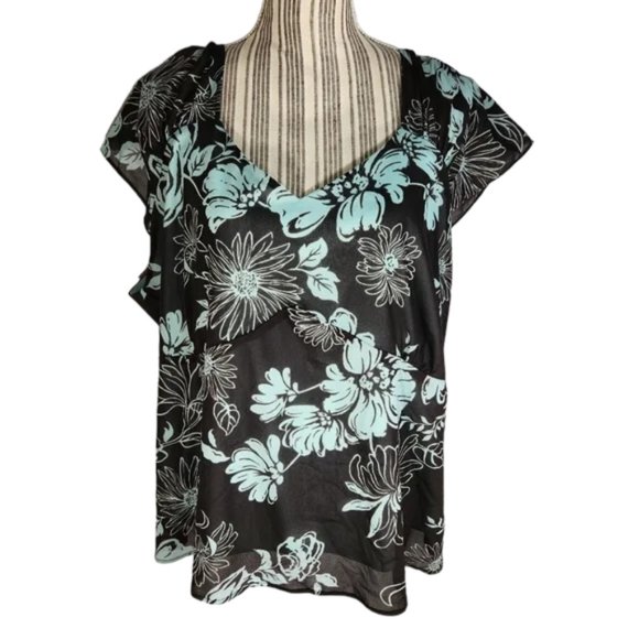 Fashion Bug Black & Aqua Sheer Overlay Cap Sleeve Square Neck Top Plus Size 2X - Picture 1 of 7